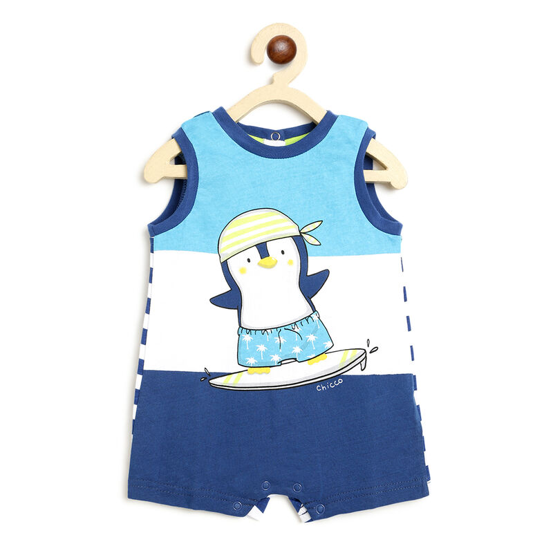 Boys White & Blue Printed Sleeveless Romper image number null